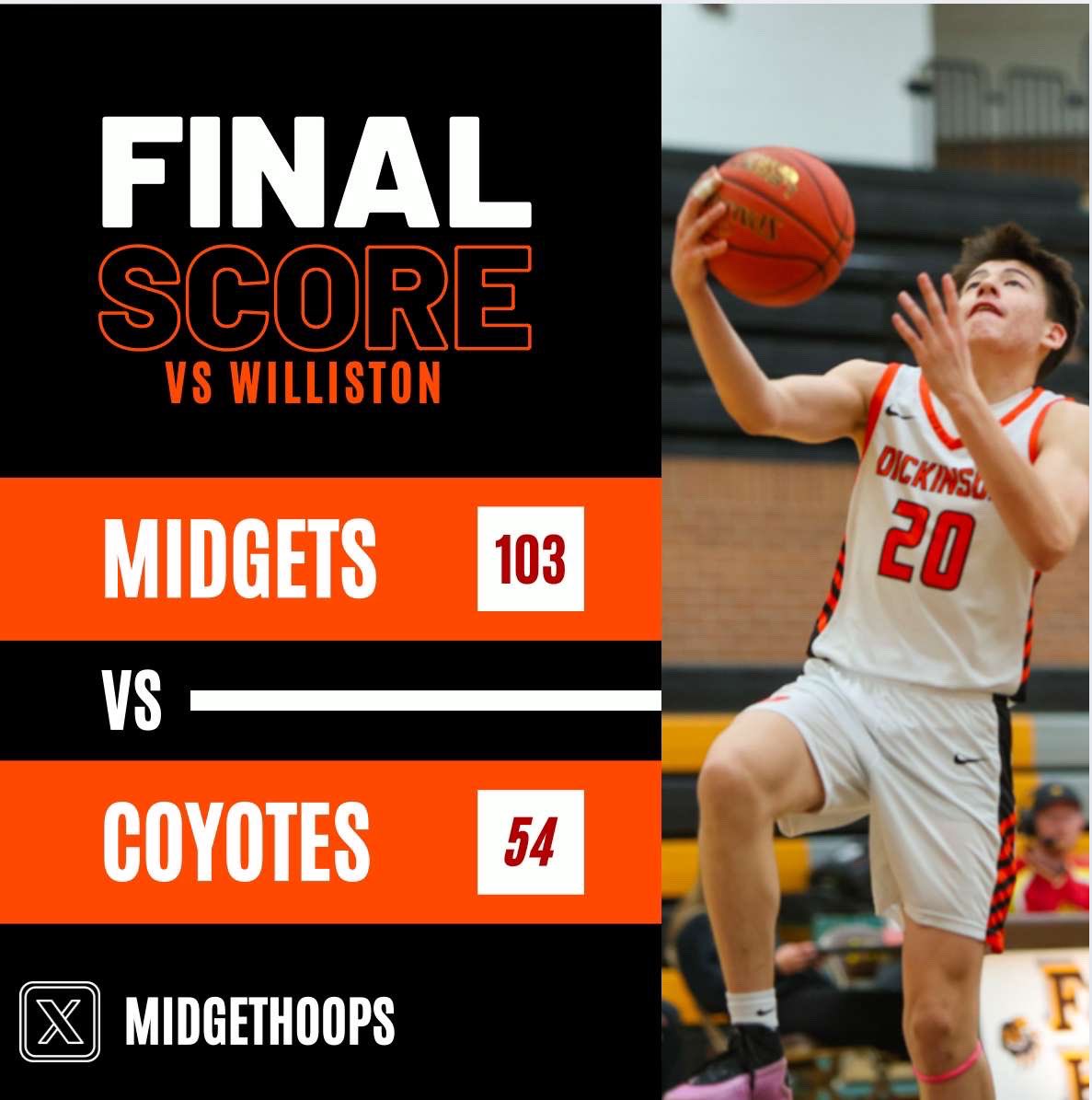 DHS Boys Basketball (@midgetshoops) on Twitter photo Big win tonight in Williston!
Up next we play Minot North at home on Friday. <a href="/jdspn_radio/">Jim Dahl ⚾️ 🏀 🏈 📻 🎤</a> <a href="/dickinsonpress/">The Dickinson Press</a> <a href="/NDScores/">ND Prep Scoreboards</a> <a href="/LukeGambleTV/">Luke Gamble</a> Big win tonight in Williston!
Up next we play Minot North at home on Friday. <a href="/jdspn_radio/">Jim Dahl ⚾️ 🏀 🏈 📻 🎤</a> <a href="/dickinsonpress/">The Dickinson Press</a> <a href="/NDScores/">ND Prep Scoreboards</a> <a href="/LukeGambleTV/">Luke Gamble</a>