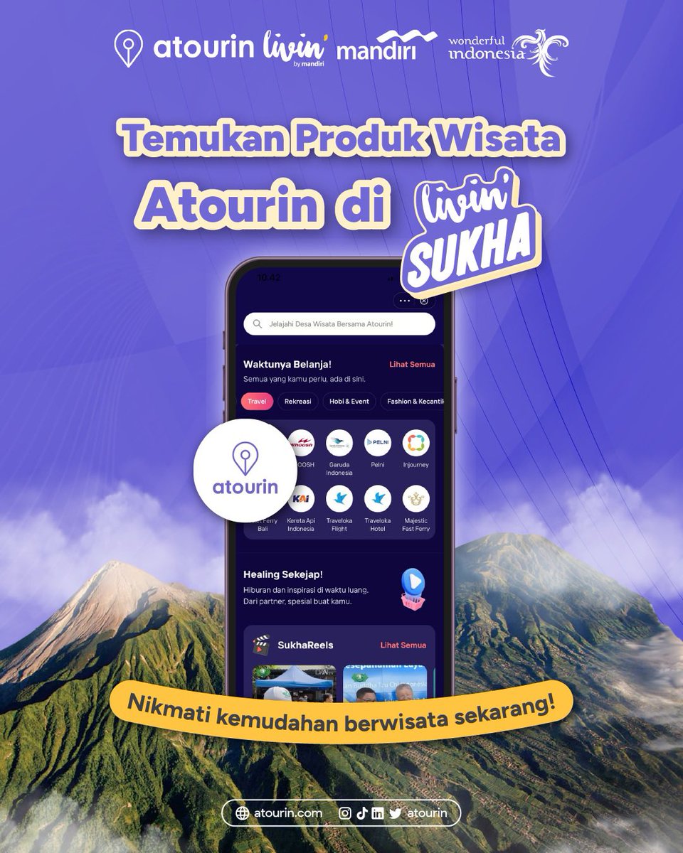 atourin's tweet photo. Pengguna Livin Sukha by @bankmandiri sekarang udah gampang banget deh kalo mau traveling😎

Udah ketemu produk wisata Atourin belum di aplikasi Livin kamu??😉 https://t.co/eHrksESBrx