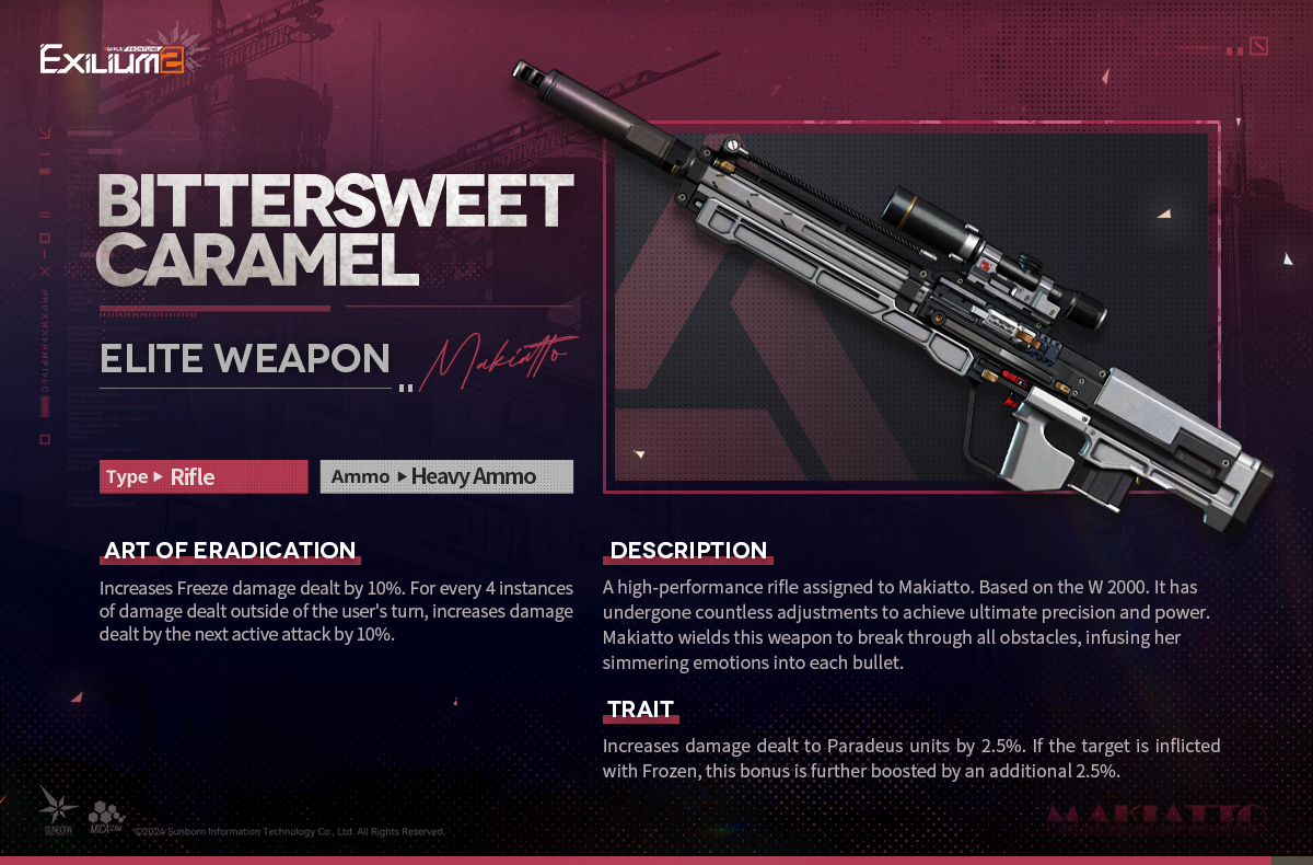 GFL2EXILIUM_EN's tweet photo. Character Elite Weapon | Makiatto

Weapon: Bittersweet Caramel
Type: Rifle
Ammo: Heavy Ammo

>> Download on mobile and PC: https://t.co/SiNltiPX6t
#GirlsFrontline2Exilium #gfl2exilium https://t.co/rGhP2hvI8y