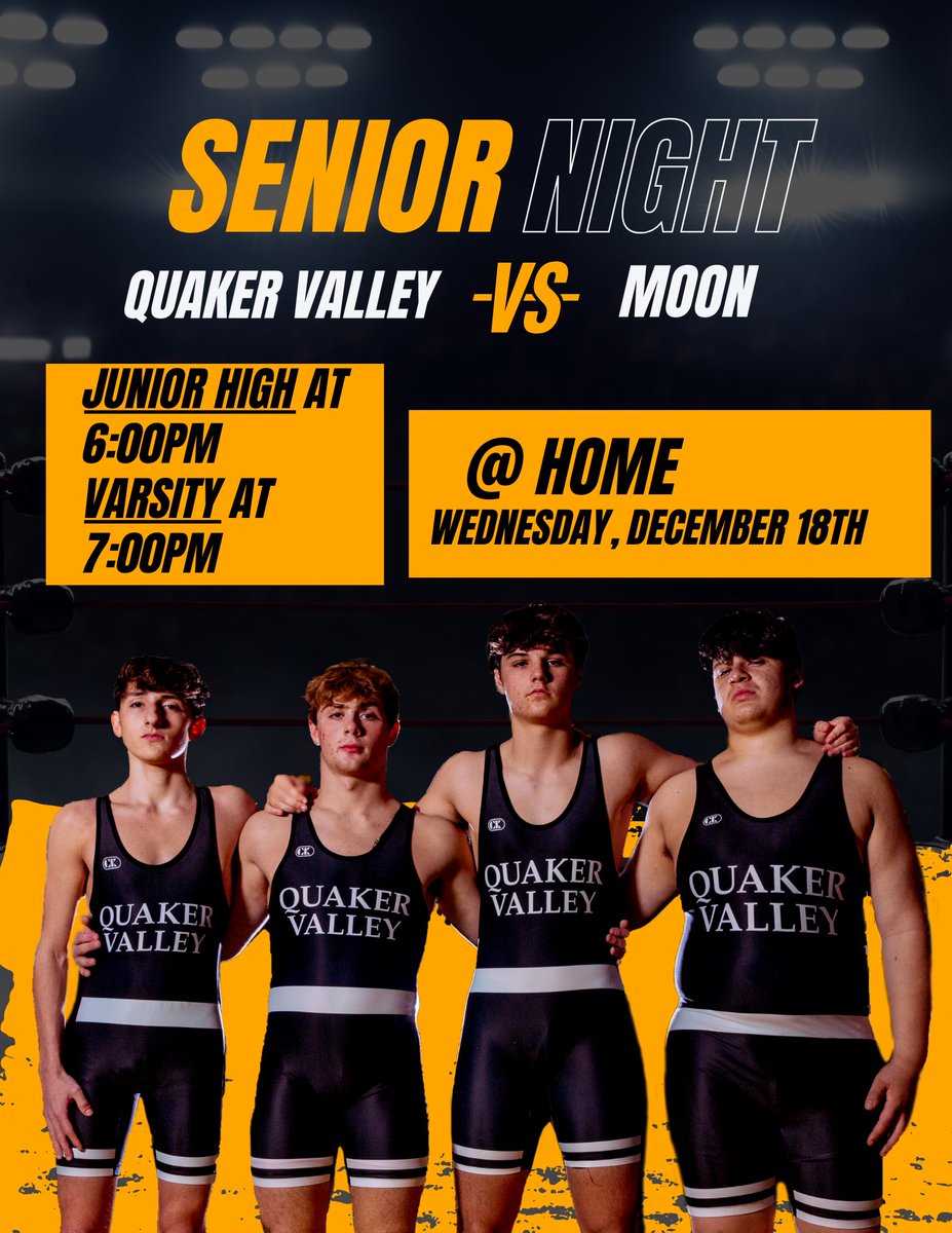 Wednesday 12/18 Match Day! 

Quaker Valley Quakers take on the Moon Tigers in our Home Opener! It is also Senior Night! 

Junior High starts at 6pm!
Varsity starts at 7pm! 

Hope to see you there!