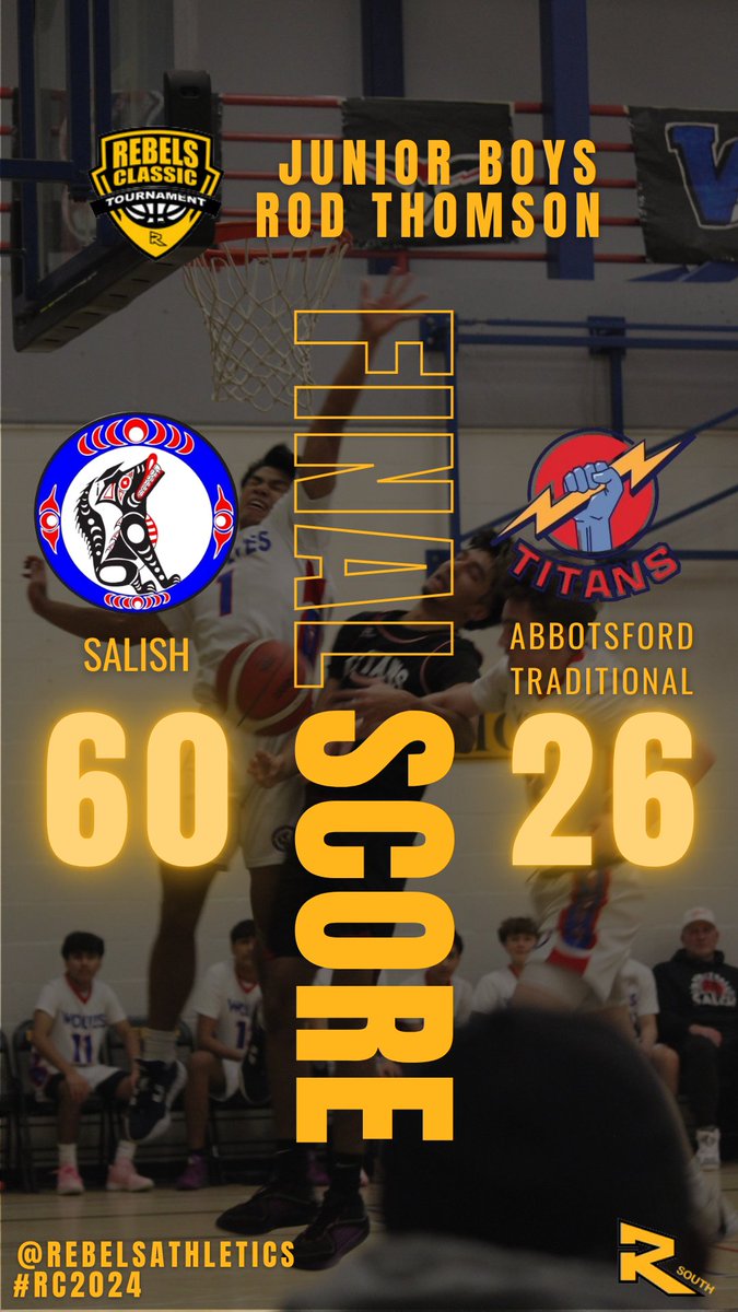 RebelsAthletics's tweet photo. Junior Boys - Game 7

@SalishSecondary 60
@abbytitans 26  

⭐️POG⭐️   
Senkyi Kyei - Salish  

📺https://t.co/znBwLd342J

#RT2024| #RebelsClassic🖤💛🏀 https://t.co/ysymKETdhj