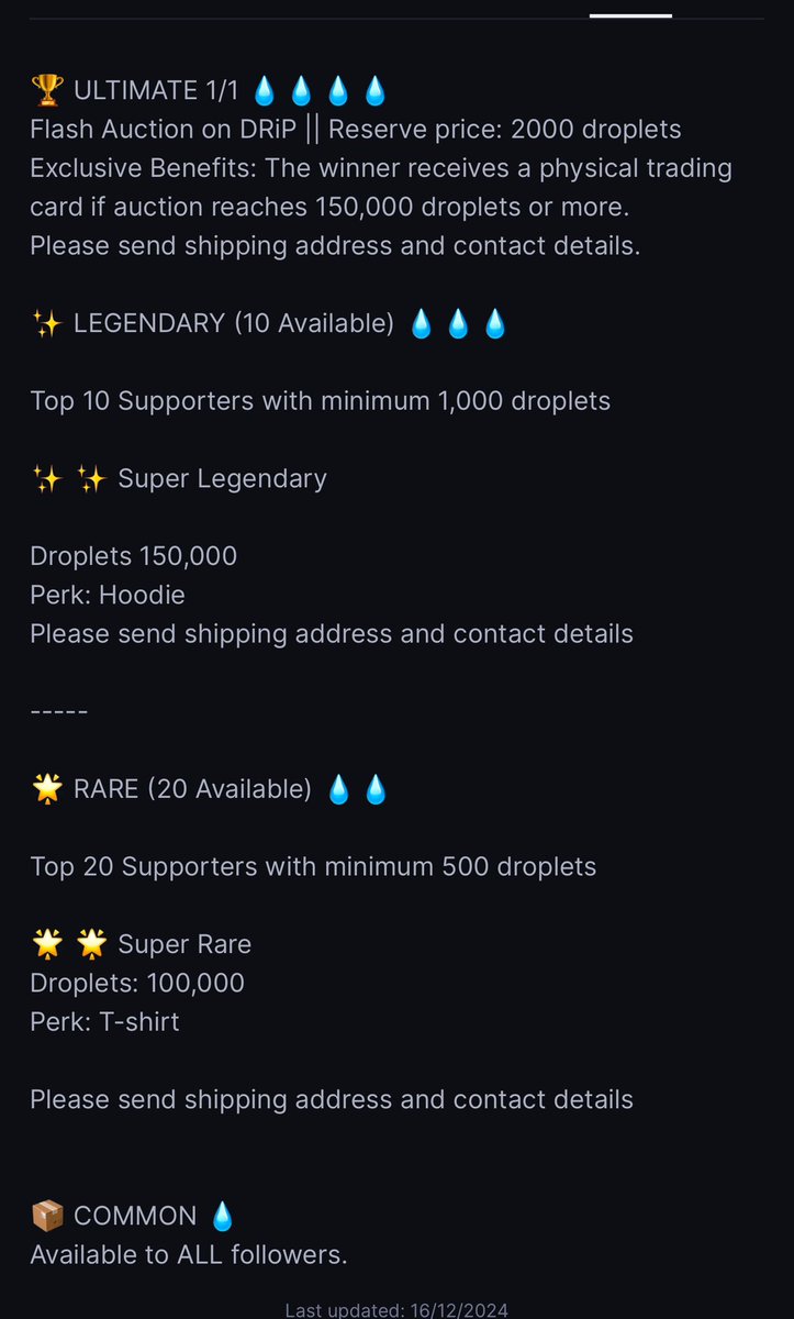 Last few hours to drop your droplets and collect the FIRST EVER RARE &amp; LEGENDARY pieces! 🚨
•Min 500 droplets (just 0.5 cents) for a RARE
•Min 1000 droplets ($1) for a LEGENDARY
<a href="/drip_haus/">DRiP 💧</a> 
Don’t miss out on the first in the series! Closes TODAY at 5 PM Dubai / 9 AM EST.