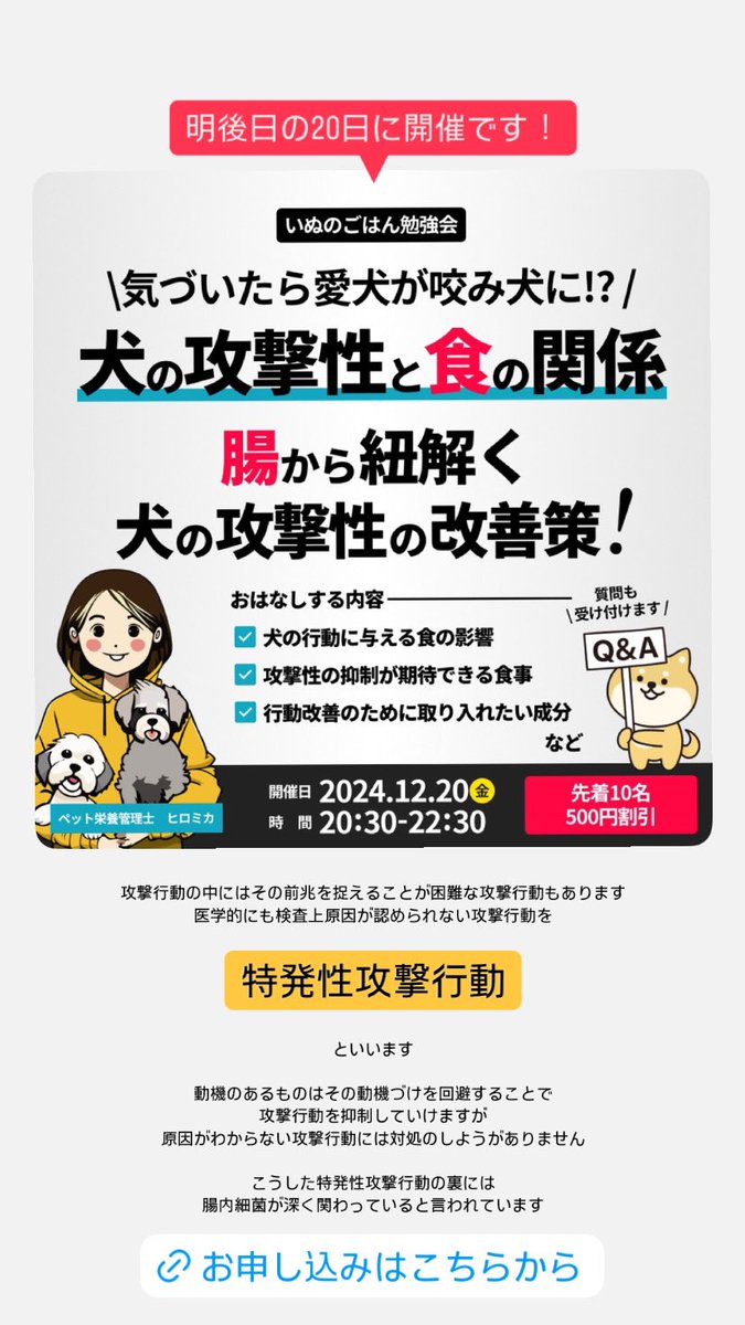 12/20 20:30より
犬の攻撃性と食の関係についてセミナー開催いたします✨
気になる方は是非ご参加ください！
先着10名まで500円割引しております🈹

気づいたら愛犬が咬み犬に!?
犬の攻撃性と食の関係
peatix.com/event/4238424