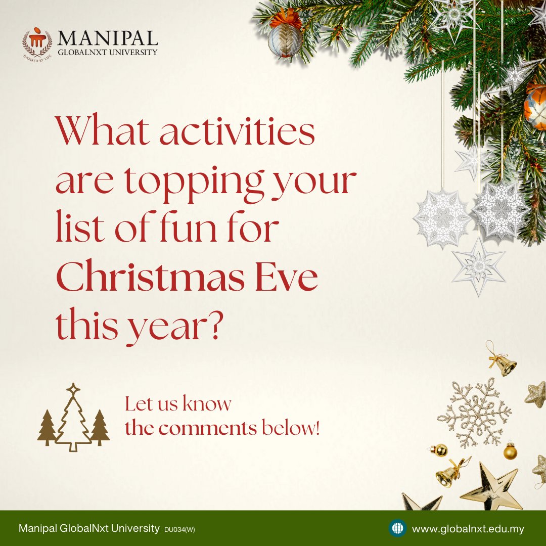 Christmas Eve Fun Alert! 🎄 What activities are topping your list for Christmas Eve? Let us know in the comments! Whether it's baking cookies, watching holiday movies, or spending time with loved ones, we want to hear all about your festive plans! #MGNU #ChristmasEve #HolidayFun