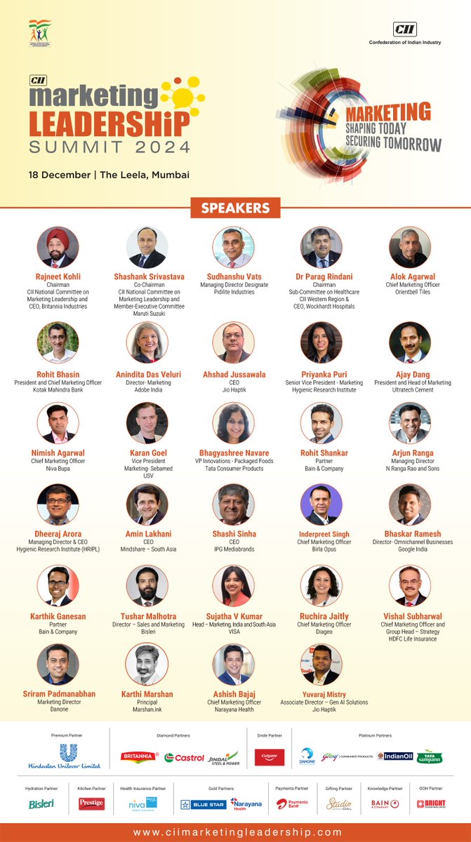 CIIKOLCOE's tweet photo. Introducing the stellar line up of speakers at the CII Marketing Leadership Summit 2024.

#CIIMLS #Marketingleadership #FutureOfMarketing #MarketingStrategy #MarketingExcellence https://t.co/WsZ6Mwyd5H