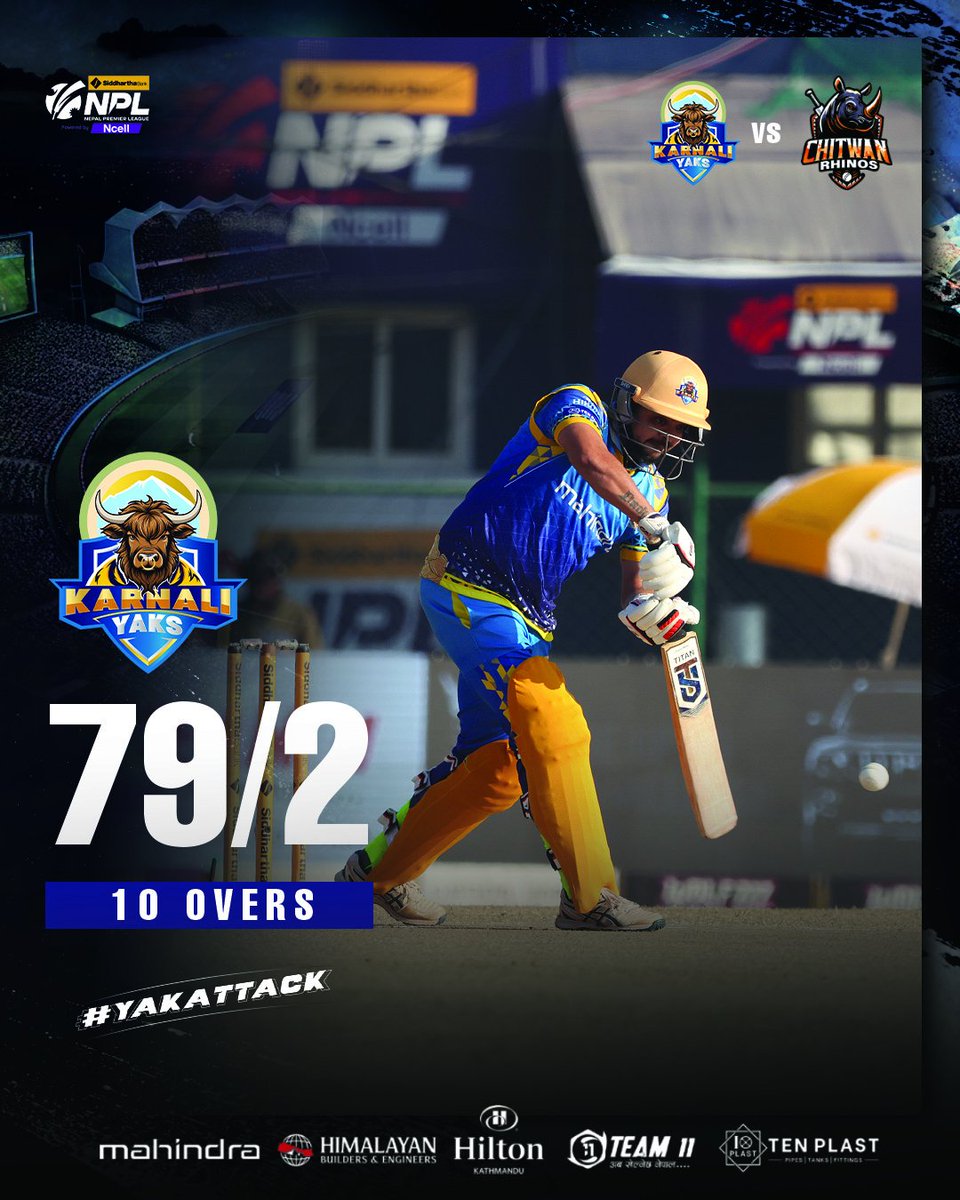 KarnaliYaks's tweet photo. "Solid start for the ghosts of the mountains! 79/2 in 10 oversβbuilding the momentum to take control. π
#karnaliyaks #SBLNPL #NepalCricket #Mahindra #agnigroup #karnaliyakssquad #team11 #tenplast #hiltonkathmandu" https://t.co/yPMBFhexZ9