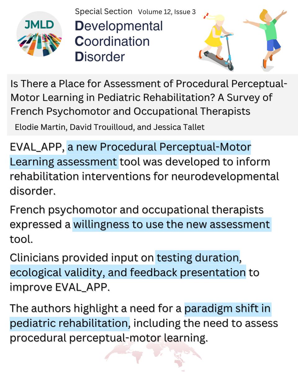Journal of Motor Learning & Development (@jmldjournal) on Twitter photo December Issue Special Section on #DCD
Is There a Place for Assessment of Procedural Perceptual-Motor Learning in Pediatric #Rehabilitation? by Elodie Martin et al. 🇫🇷
🔓Free to Access: doi.org/10.1123/jmld.2…
<a href="/Univ_Toulouse/">Université de Toulouse</a>
<a href="/UGrenobleAlpes/">Université Grenoble Alpes</a>
#neurodevelopment December Issue Special Section on #DCD
Is There a Place for Assessment of Procedural Perceptual-Motor Learning in Pediatric #Rehabilitation? by Elodie Martin et al. 🇫🇷
🔓Free to Access: doi.org/10.1123/jmld.2…
<a href="/Univ_Toulouse/">Université de Toulouse</a>
<a href="/UGrenobleAlpes/">Université Grenoble Alpes</a>
#neurodevelopment