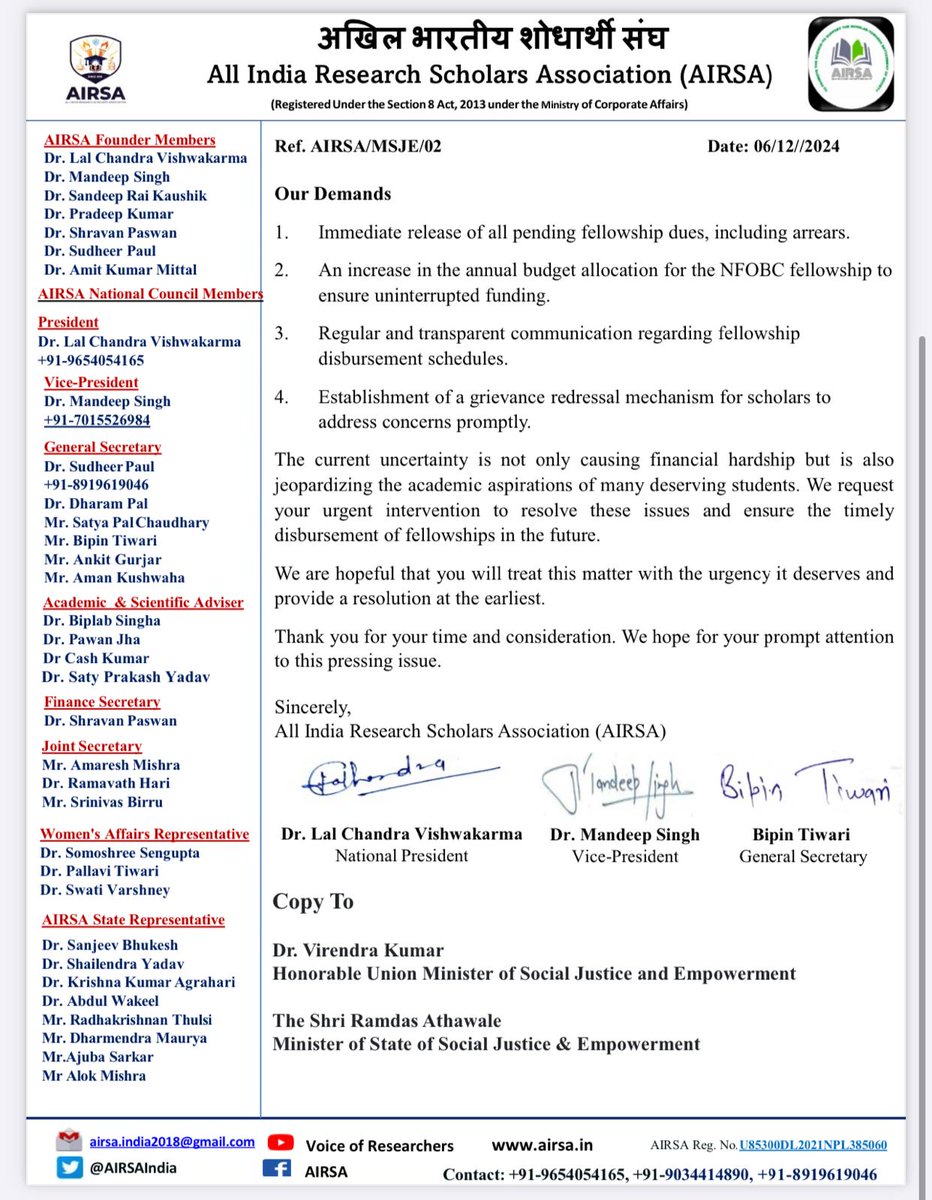 AIRSAIndia's tweet photo. #SupportNFOBCScholars
Innovation needs support, not struggle! 🚫 Insufficient fellowships &amp; poor infrastructure push researchers to beg for their rights. How can they focus on research under such pressure?  
https://t.co/R7kWntIkk7 @the_hindu @MSJEGOI @amitdia @Drvirendrakum13 https://t.co/1kFAGUJYab