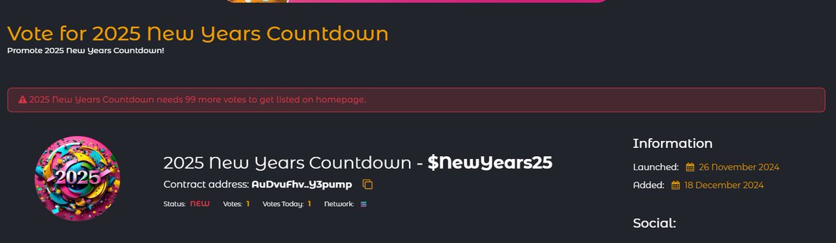 NewYears25_sol's tweet photo. POV: You’re early to $NewYears25 🚀✨ Don’t get FOMO, this meme coin’s about to slay 2025 harder than your NYE fit. 💸 Help us hit 100 votes to get listed – the glow-up is real! 🔥 #BagSecure #WenMoon #NewYearsVibes

vote here: https://t.co/pRzNHzgwOz

100 Votes = Airdrop 🥇 https://t.co/SF356emoGB