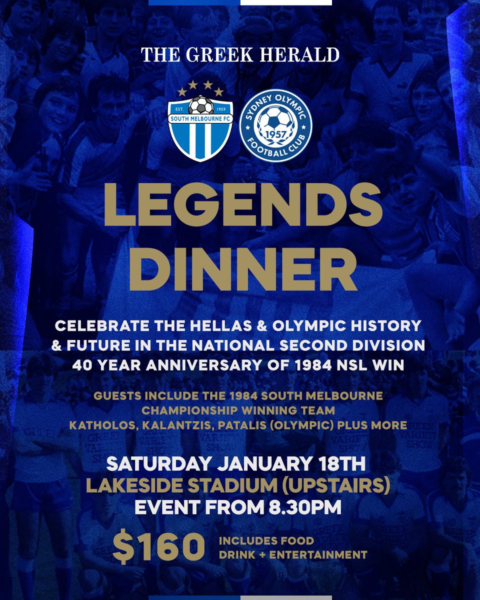 Two historic clubs. One unforgettable night.

Join South Melbourne FC and Sydney Olympic as we celebrate our shared legacy and look ahead to the future, side by side, in the National Second Tier.

- Reliving South Melbourne’s first NSL Championship in 1984
- Honouring the history