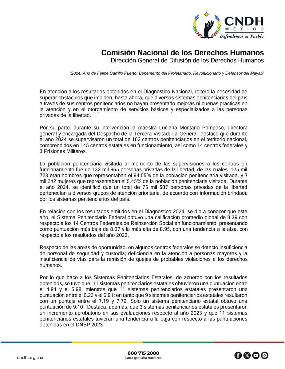 CNDH's tweet photo. Presentamos el Diagnóstico Nacional De Supervisión Penitenciaria (#DNSP) 2024.

La Pdta. @RosarioPiedraIb apuntó que en las actuaciones de la #CNDH se coloca al centro la máxima protección y defensa de los #DerechosHumanos de las personas  en mayor situación de vulnerabilidad.
🧵 https://t.co/sMiblAA97q
