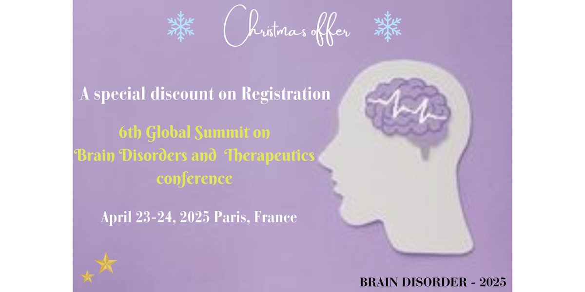 ElenaHawk2022's tweet photo. 🎄✨ Christmas Offer Alert! ✨🎄
Get ready to unwrap Conference on Brain Disorder 2025🧠
�� Special Holiday Discount: Register before December 20th and enjoy 30% OFF on your registration fee!
Don’t miss this chance to connect.
#BrainDisorders #ChristmasOffer #Neuroscience https://t.co/dgXqgg4raa
