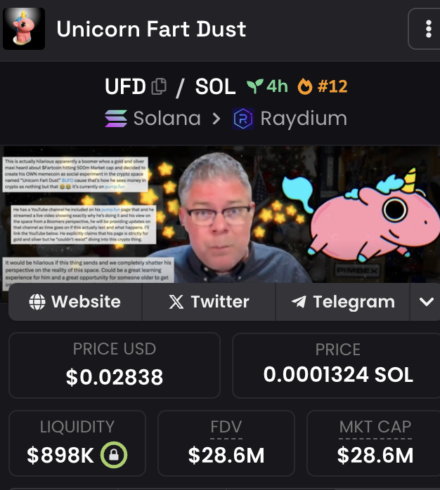 solyunjin's tweet photo. GM.

$UFD

Unicorn Fart Dust might be the next mooner. Maybe even higher than chill guy.  He's a chill guy boomer that uploads video on youtube regarding Silver, Gold, Precious Metals Mining Stocks, World Events & a touch of humor.

––Almost same how @TheRoaringKitty started the @gamestop $GME craze.

https://t.co/Uyee7VMiXJ