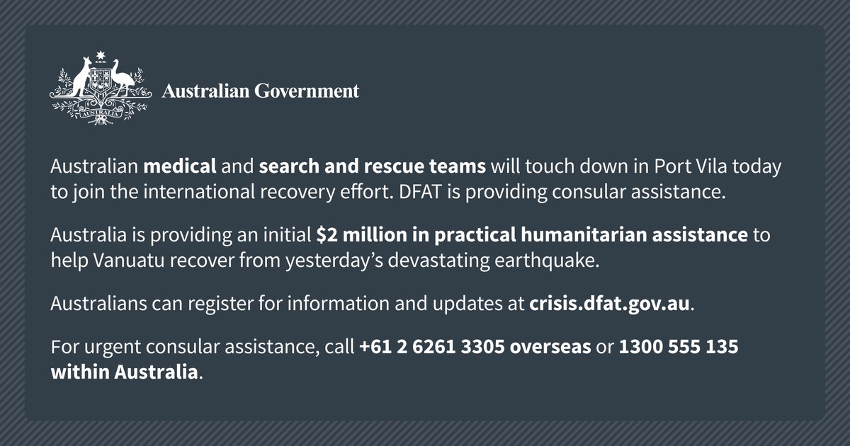 dfat's tweet image. Australian citizens and permanent residents can register with DFAT’s crisis portal to receive important information and updates at crisis.dfat.gov.au/crisisportal/s/. 

Check the latest travel advice for Vanuatu at smartraveller.gov.au.