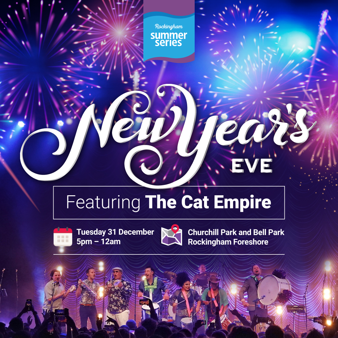 New Year's Eve will go off with a bang in Rockingham, with Australian band The Cat Empire headlining the show, and two fireworks displays at 9pm and midnight. Lots of fun for the whole family. Supported by @lotterywest.  rockingham.w.gov.au/nye