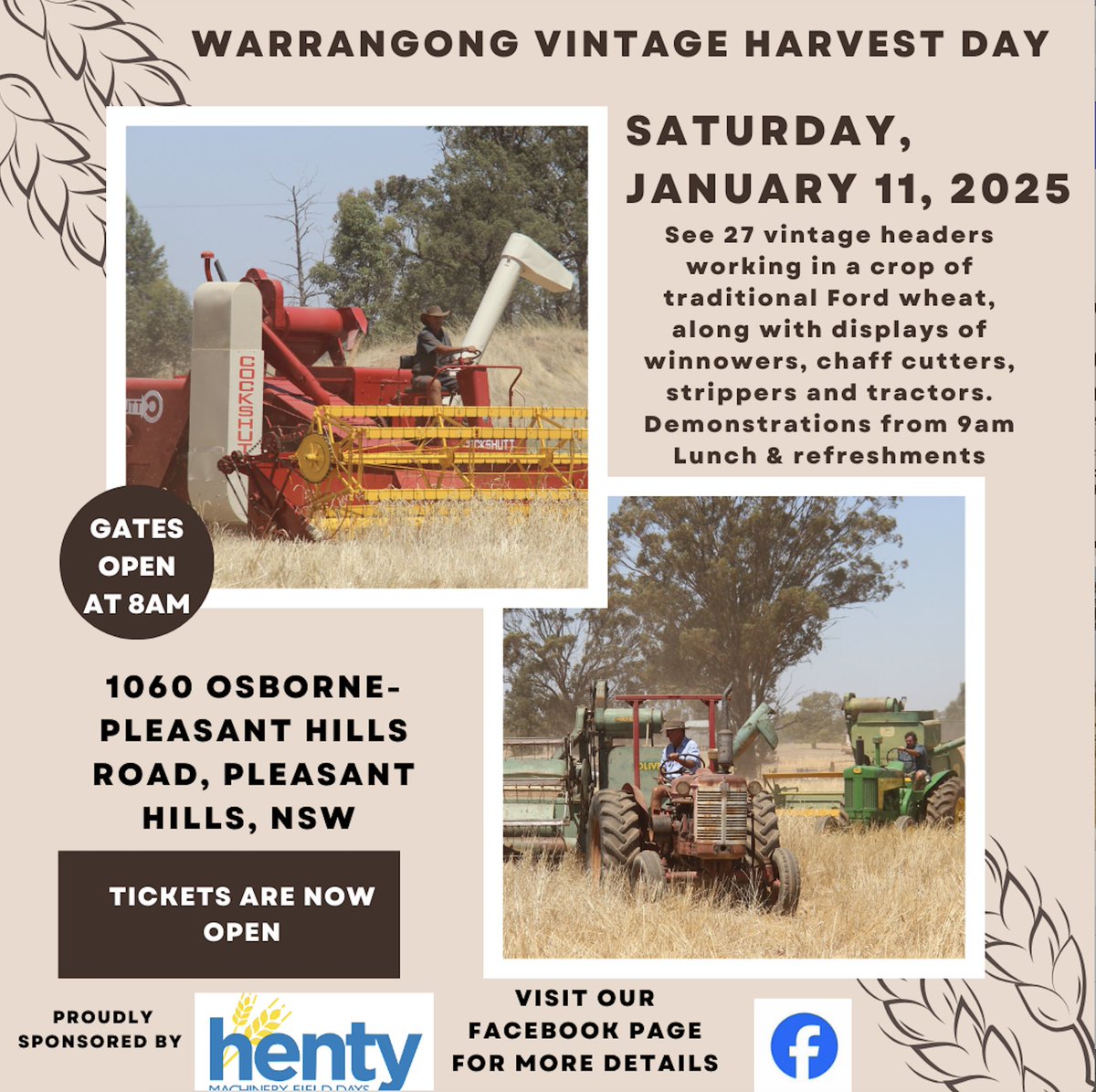 Be sure not to miss this spectacular sight of 27 vintage headers working in-crop on Saturday, January 11. Gates open at 8am and demos at 9am. Plenty of parking, shade, food and drinks. Tickets can be purchased online now: tinyurl.com/4k9acj2k #warrangongvintageharvestday #HMFD