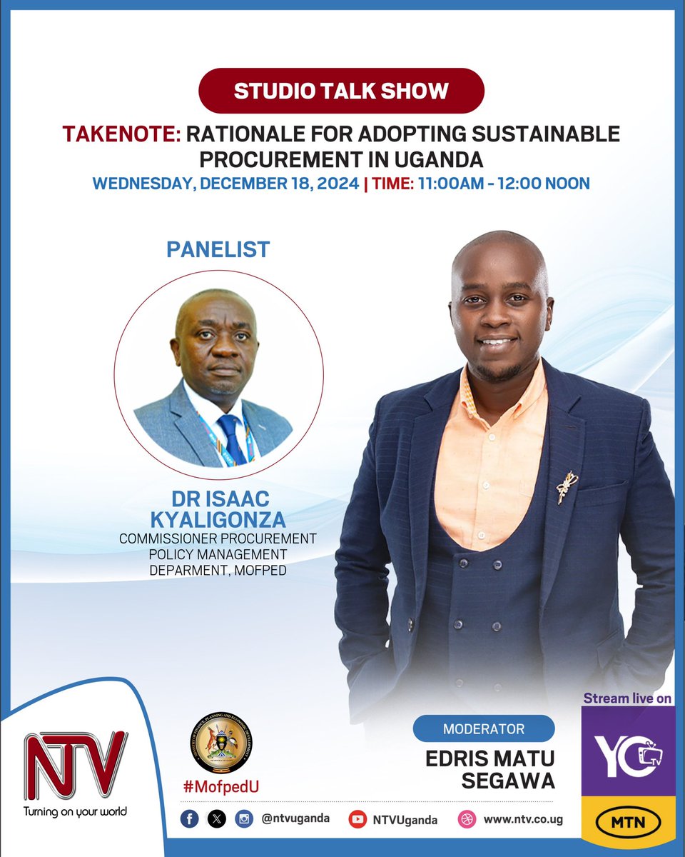EdrisMatu's tweet photo. I’ll be talking to Dr Isaac Kyaligonza on Sustainable Procurement today at 11am. Share your thoughts and questions here to be part of the conversation. @ntvuganda #mofped #sustainableprocurement https://t.co/OqpVnBXZlc