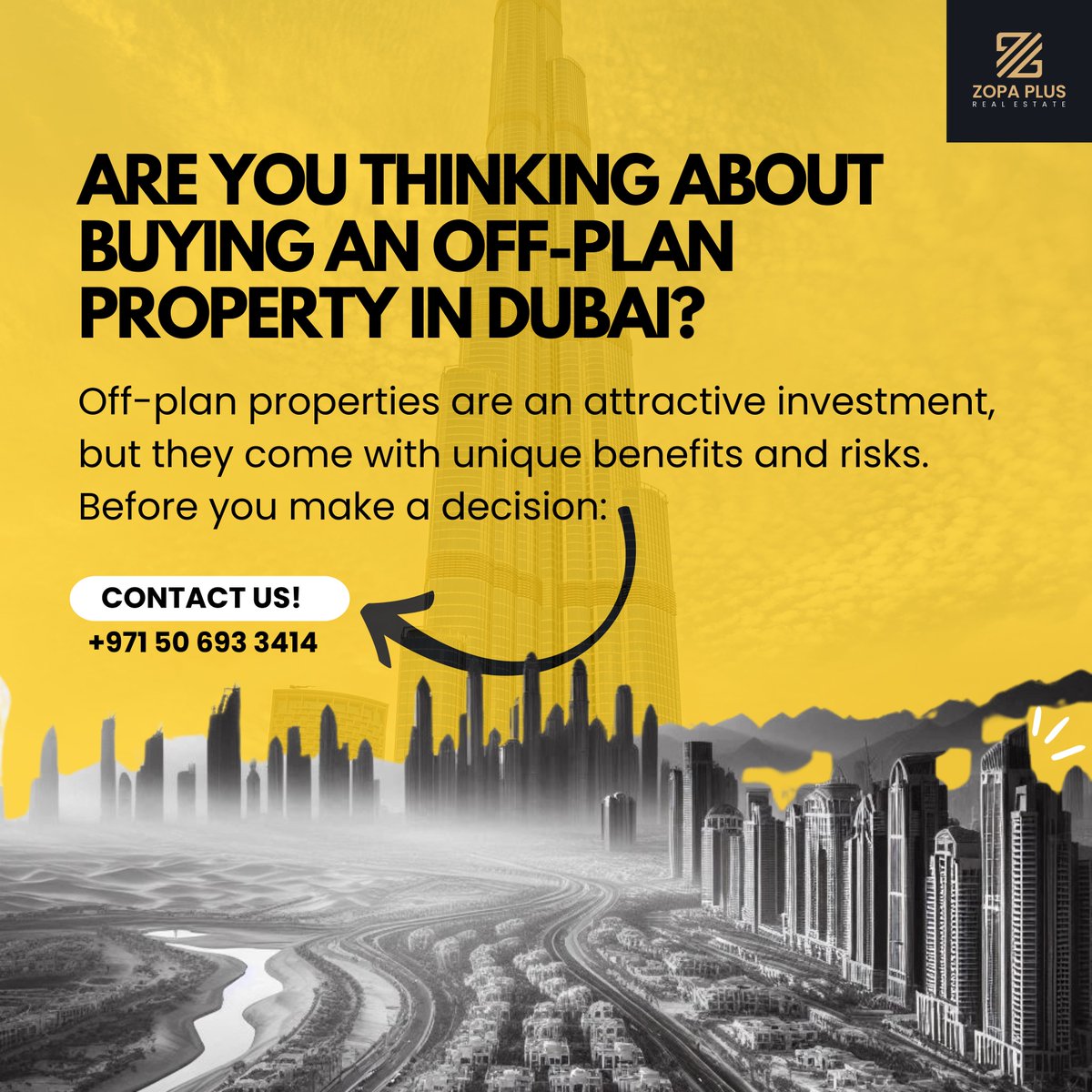 zopaplus's tweet image. Are you considering buying an off-plan property in Dubai? 🏗 

It's a popular choice for many investors, but it’s essential to understand both the benefits and risks before committing. Here's your guide to making an informed decision