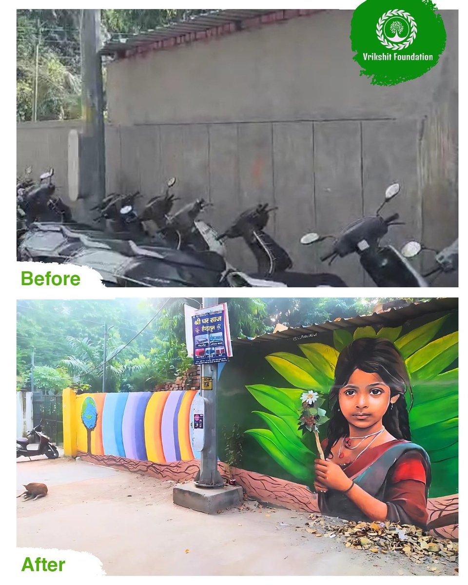 shankarVrikshit's tweet image. A wall once misused as a place for urination, troubling neighbors, has been beautifully transformed by Team @vrikshit. Now, it showcases stunning scenery, adding color and positivity to the neighborhood! 🌿🎨 

 #VrikshitTransformations #streetArt #CleanDelhi #wallArt
