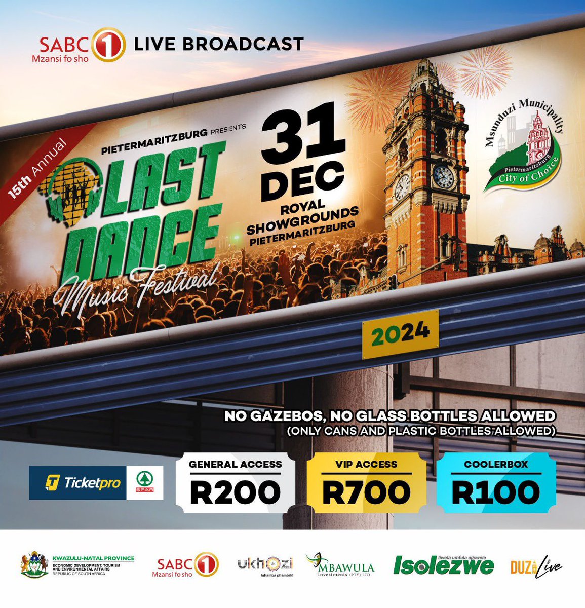 🥳😁Mark your calendars! 🗓️ The 15th Annual Last Dance Music Festival is happening on December 31st at the Royal Showgrounds, Pietermaritzburg 🕺🏻💃 

Prepare for an unforgettable New Year's Eve celebration 🔥🙌🏼

More details coming soon!