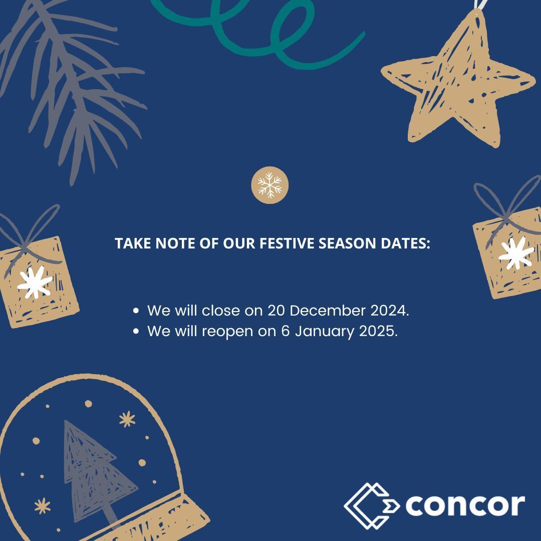 ConcorConstruct's tweet image. Please note that during the festive season, our head office will be closed on 20 December 2024 and will reopen on 6 January 2025.