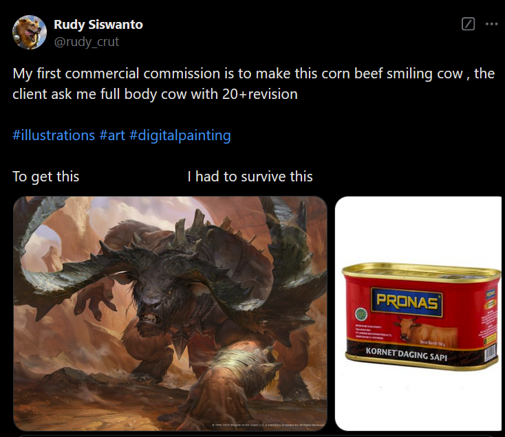 aimr0d's tweet photo. Fun fact: ilustrator sapi yang ada di kaleng Pronas itu sekarang sudah jadi ilustrator untuk Riot Games dan Magic the Gathering https://t.co/BL48sgqu4T