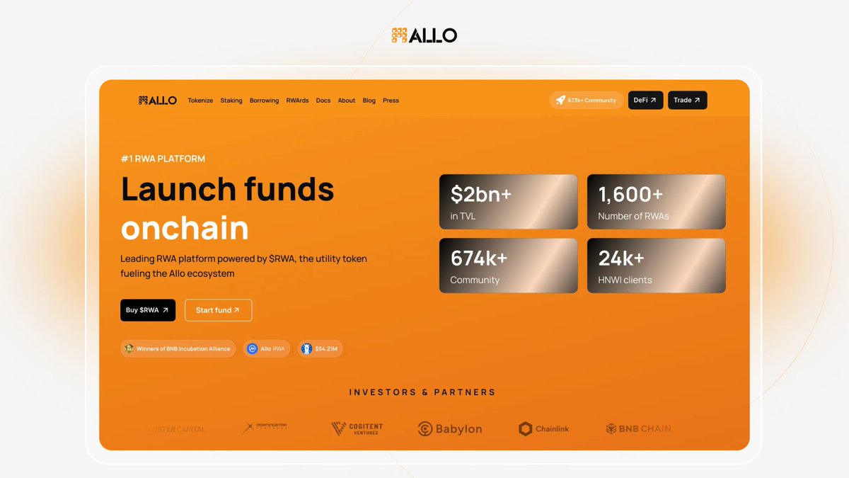 Allo metrics:

-  $2bn+ in Total Value Locked.
- 1,600+ Registered Real-World Assets.
-  24k+ High Net Worth Individual clients.

This massive scale demonstrates the strong demand for Allo's innovative approach to decentralized finance. Stay tuned for more exciting updates!