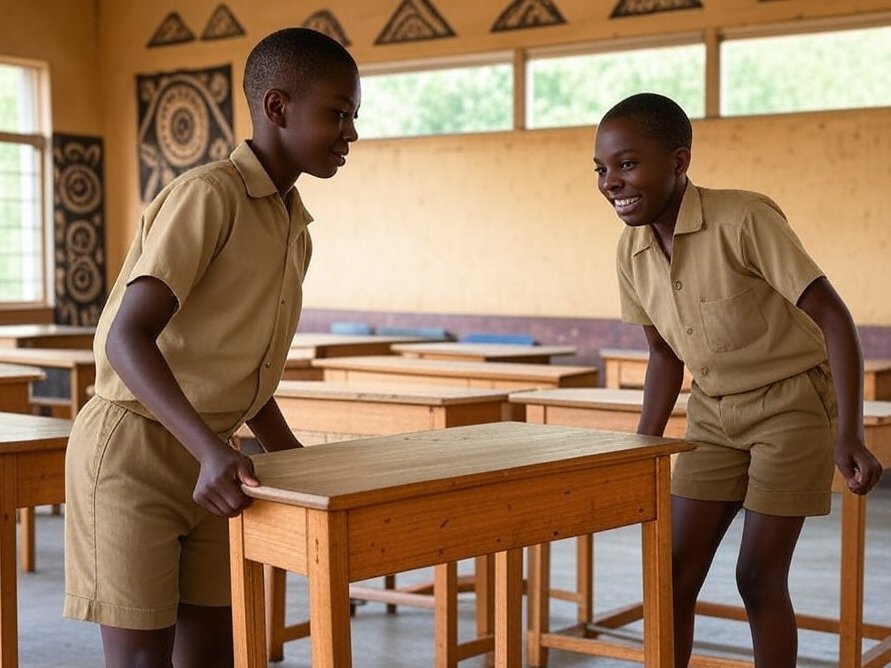 Me and my bestfriend exchanging a bad desk with a good one during lunch time in high school😂