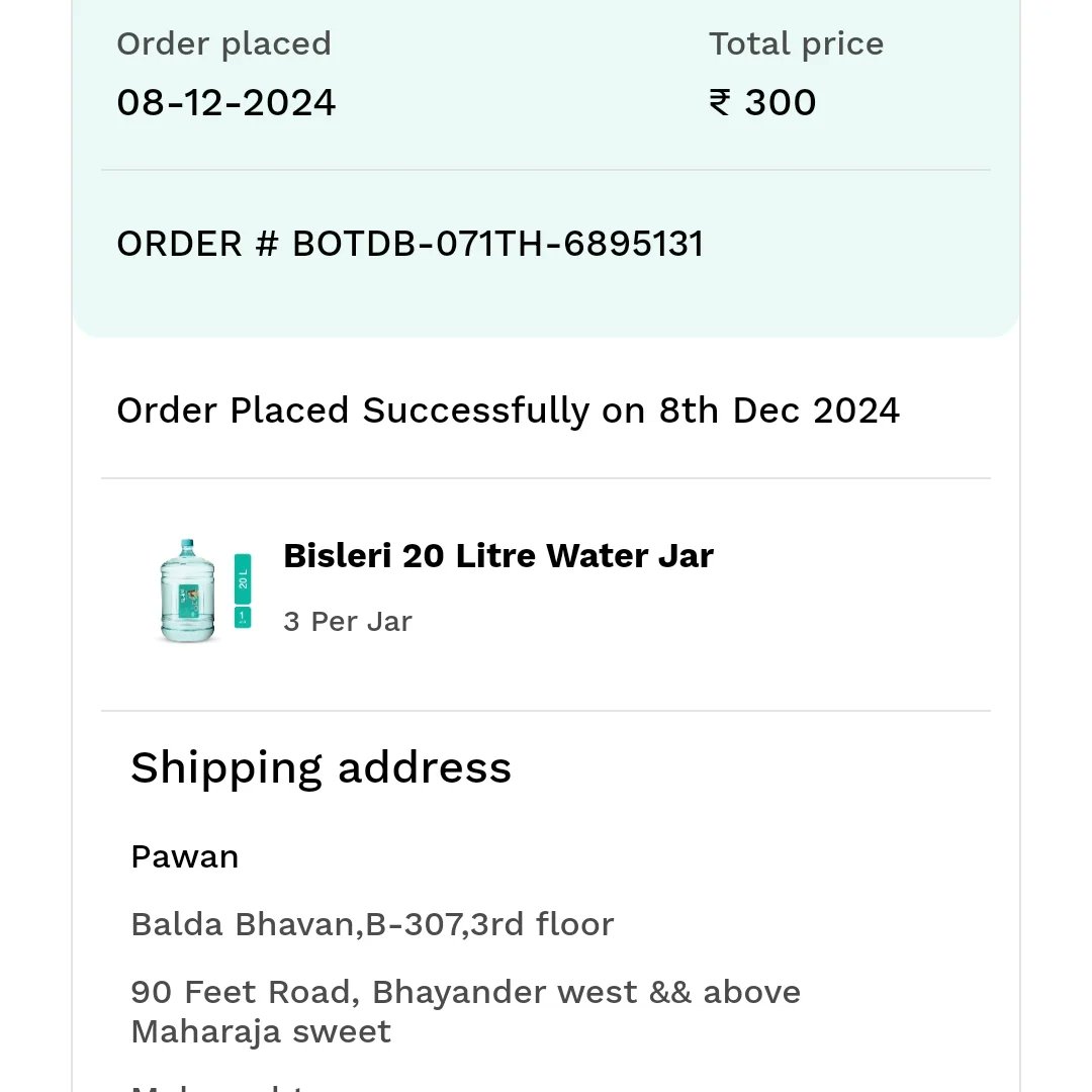PawanChindalia's tweet photo. Bisleri water 20L cane ka order humne 8 Dec.2024 ko diya aur amount bhi bhar diya onile lekin aaj din tak uski delivery nahi huai. Roj complaint li jati hai aur ticket create ki jati hai fir delivery attempt ka message aata hai fir fail kar detye hai company se. https://t.co/Ho4hsF1E8a