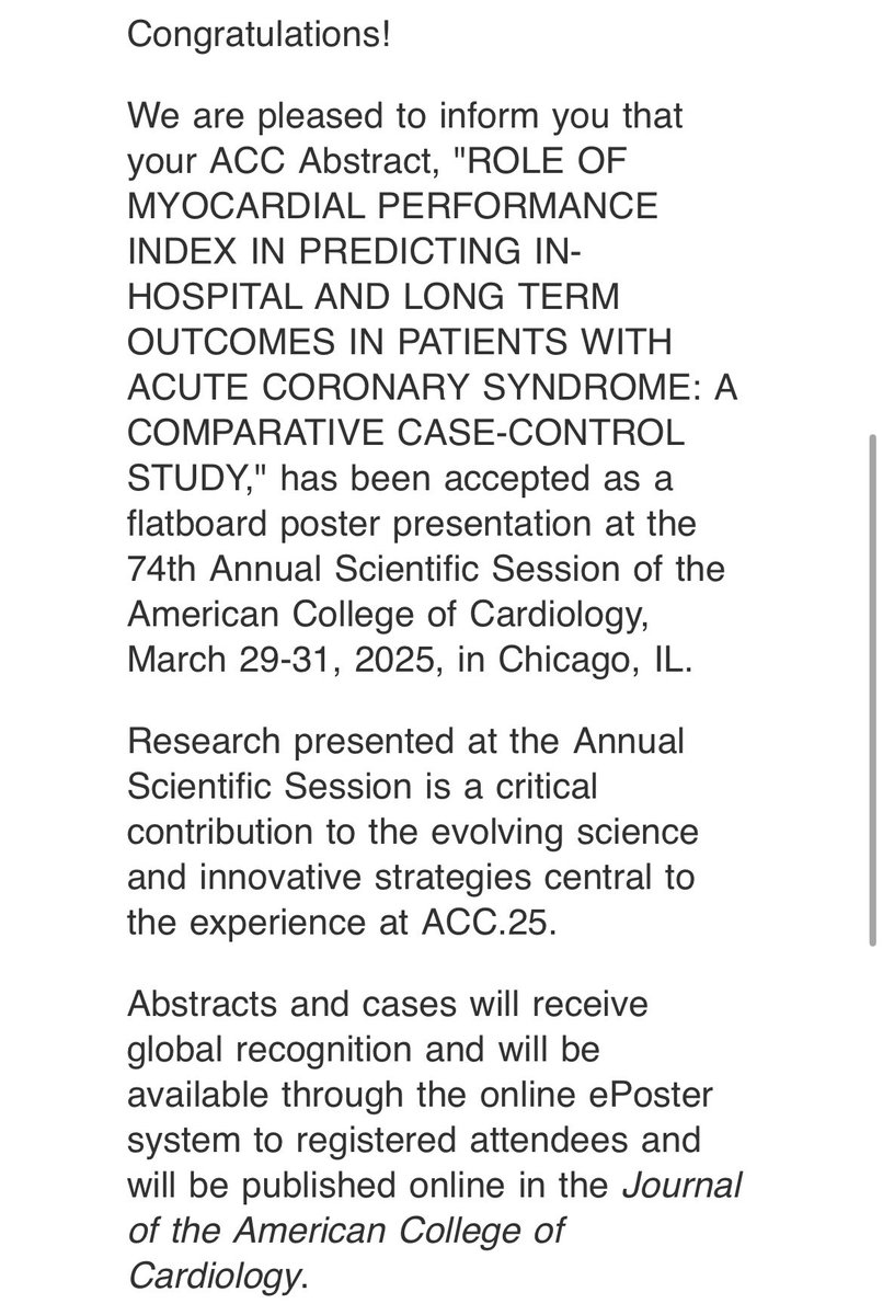 Humbled to share that 2 of our abstracts have been accepted for #ACC2025 in Chicago, IL!

Grateful to my amazing team &amp; mentors for their guidance and support! Excited to connect, learn, and contribute to impactful discussions in cardiology! <a href="/ACCinTouch/">American College of Cardiology</a> 

#MedTwitter #acc25
