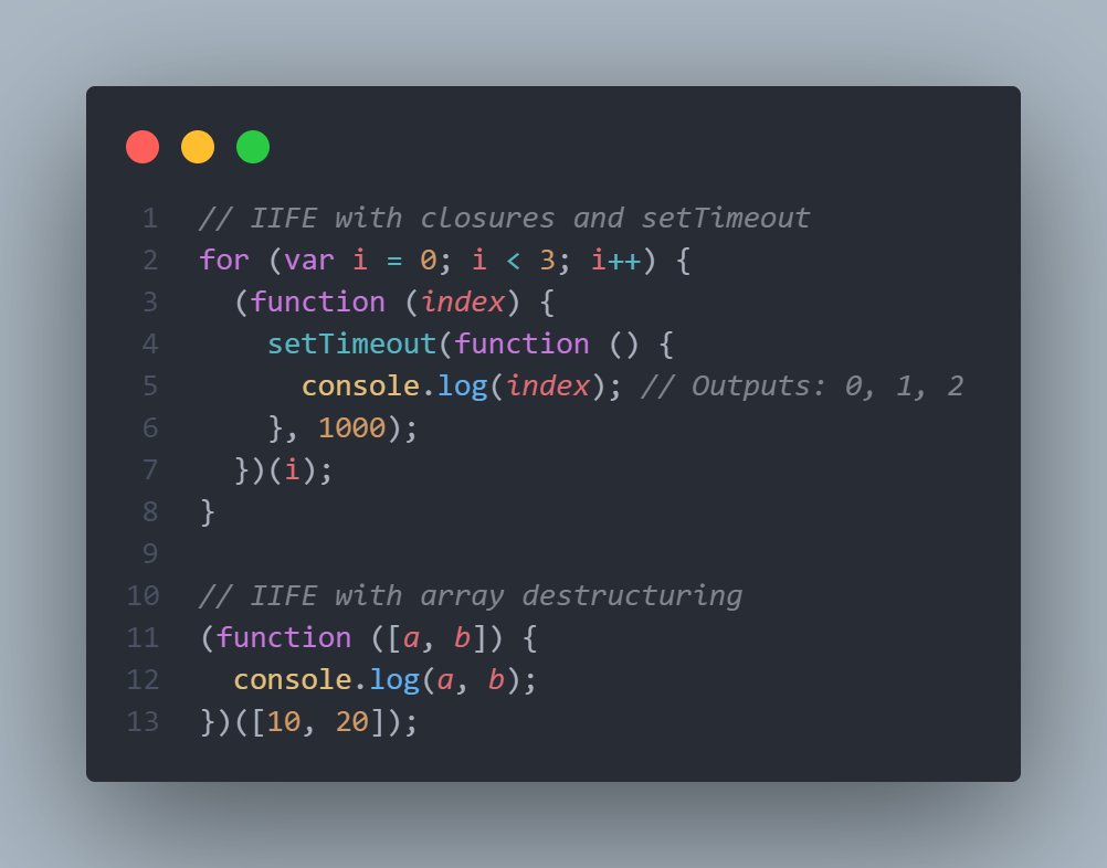 JupiterCoder's tweet image. Revisiting JavaScript basics! Solved a closure issue with setTimeout using IIFE for correct scoping.
Also explored IIFE with array destructuring—simple yet powerful! Basics truly unlock better understanding! 🚀
#javasript