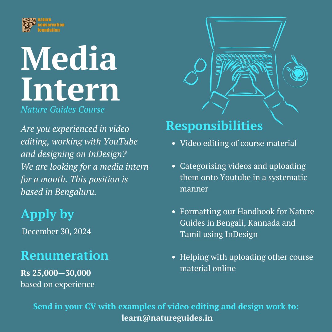 Nature Conservation Foundation (@ncfindia) on Twitter photo We are looking for a media intern for some basic video editing, categorising and uploading videos onto YouTube, and formatting a book on InDesign. Write to learn@natureguides.in with your CV and work samples, if this interests you. Please share and help us reach the right person! We are looking for a media intern for some basic video editing, categorising and uploading videos onto YouTube, and formatting a book on InDesign. Write to learn@natureguides.in with your CV and work samples, if this interests you. Please share and help us reach the right person!