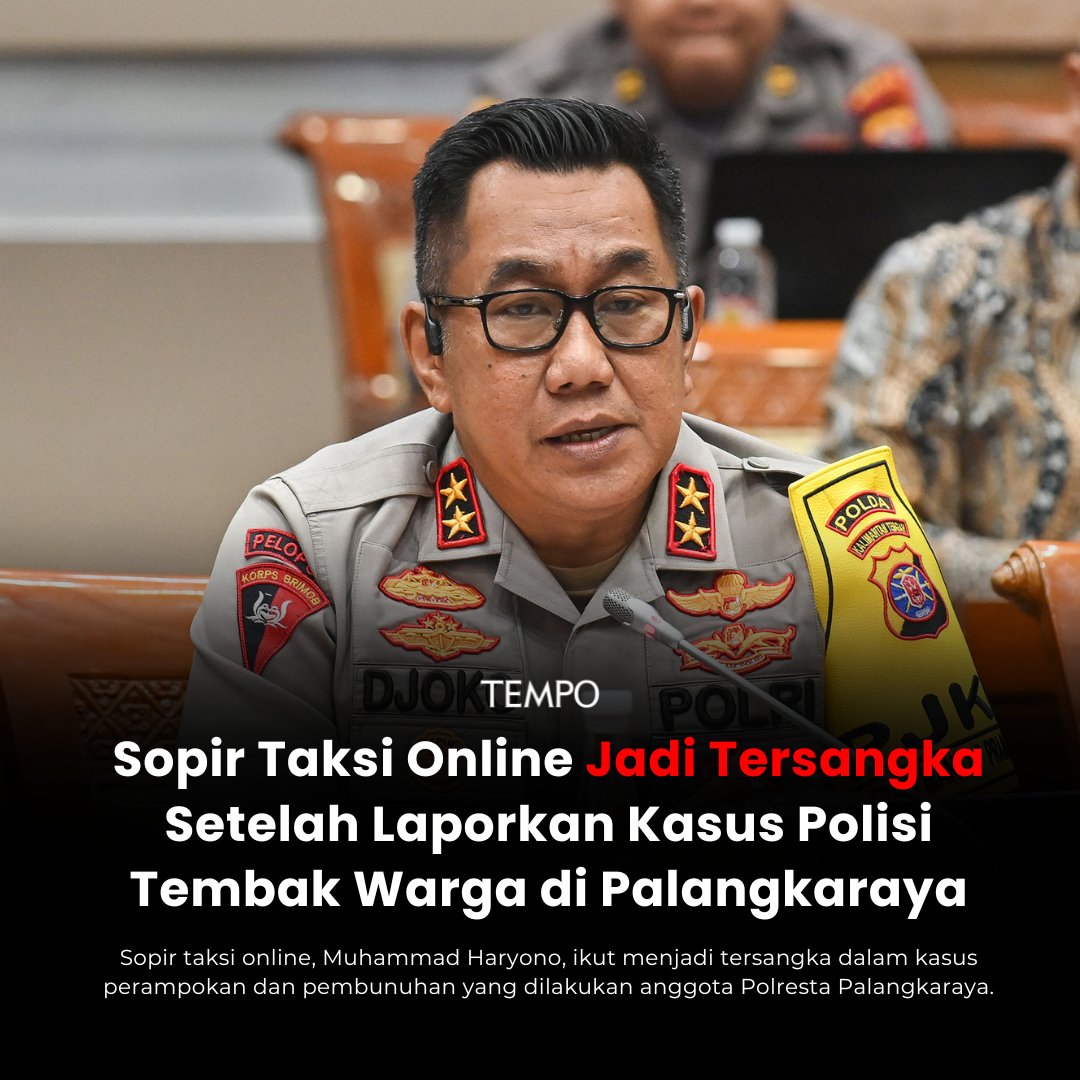 Polda Kalimantan Tengah menetapkan sopir taksi online sebagai tersangka dalam insiden polisi tembak sopir mobil pick up di Palangkaraya. 

Padahal sopir bernama Muhammad Haryono ini adalah orang yang melaporkan tentang peristiwa penembakan itu.

| Tempo Headliner