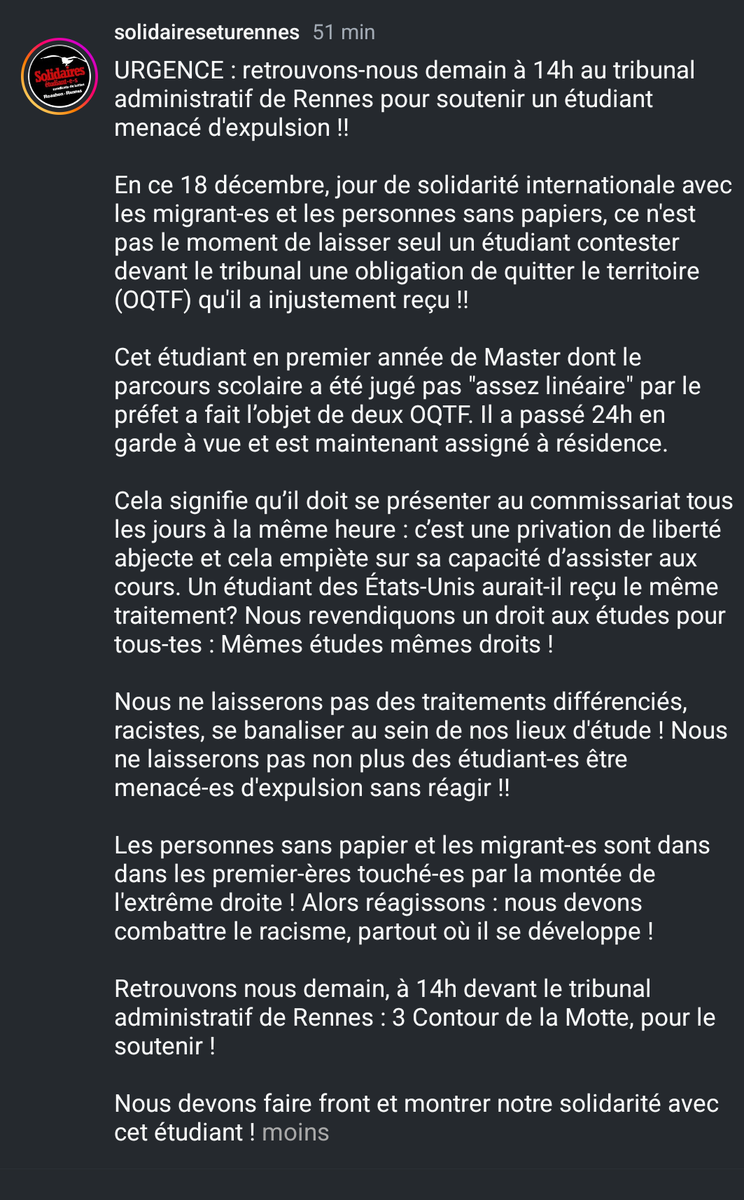 Aujourd'hui pour la journée internationale des migrants à Rennes,
Rendez-vous à 14 heures devant le tribunal administratif pour soutenir un étudiant menacé d'expulsion (appel de <a href="/SESLRENNES/">Solidaires étudiant•es Rennes</a> )