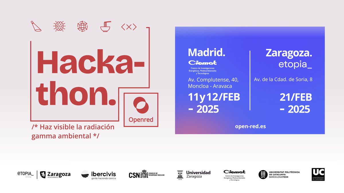 Ibercivis's tweet image. Lanzamos el #hackathon #Openred: &quot;Haz visible la radiación gamma ambiental&quot;

¡Ya tenemos lugares y fechas!

📍 Madrid: 11 y 12 de febrero 2025
📍 Zaragoza: 21 de febrero 2025

➡️ Inscripciones, agenda y retos en este link: open-red.es/index.php/part…