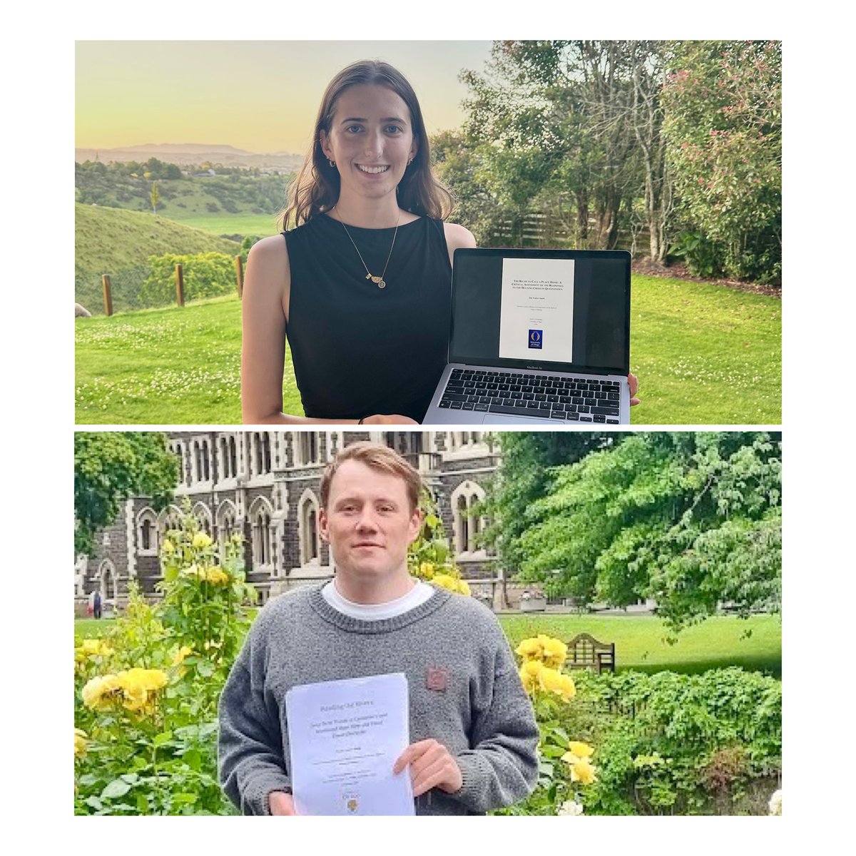 🎊celebration🎊 time. MPlan candidate Ella Walker-Smith submitted her thesis “Right to Call a Place Home: Critical Assessment of Responses to Housing Crisis in Queenstown”. Fraser Philip submitted his MSc thesis “Reading the Rivers: Trends in Canterbury &amp; Southland River Flow.”