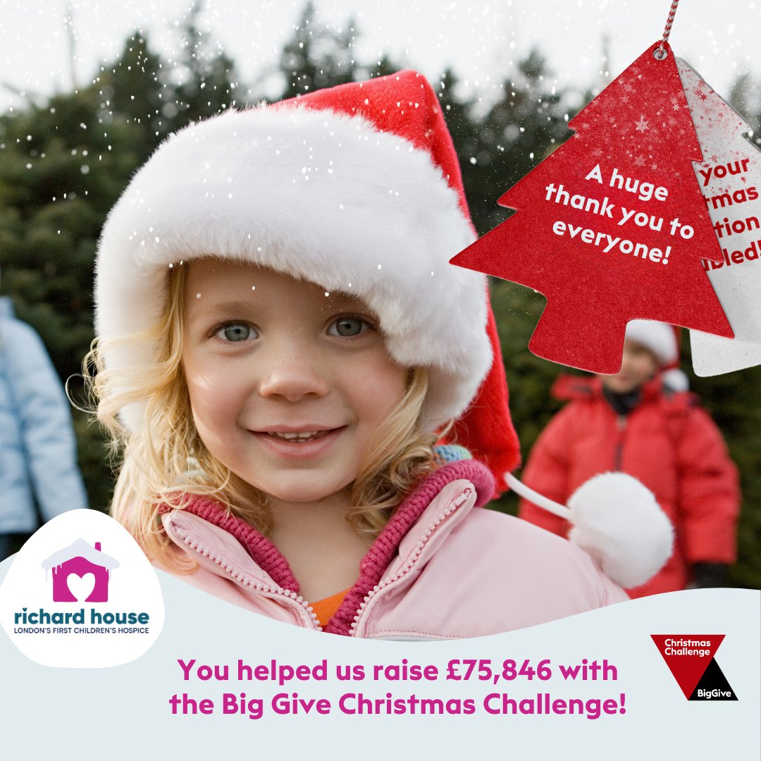 A heartfelt THANK YOU! 🎉

Thanks to your incredible generosity, we raised £75,846 during the Big Give Christmas Challenge! This amazing total means the world to us

Missed the Big Give? You can donate to our Emergency Appeal here: richardhouse.org.uk/emergency/

#ThankYou #BigGive