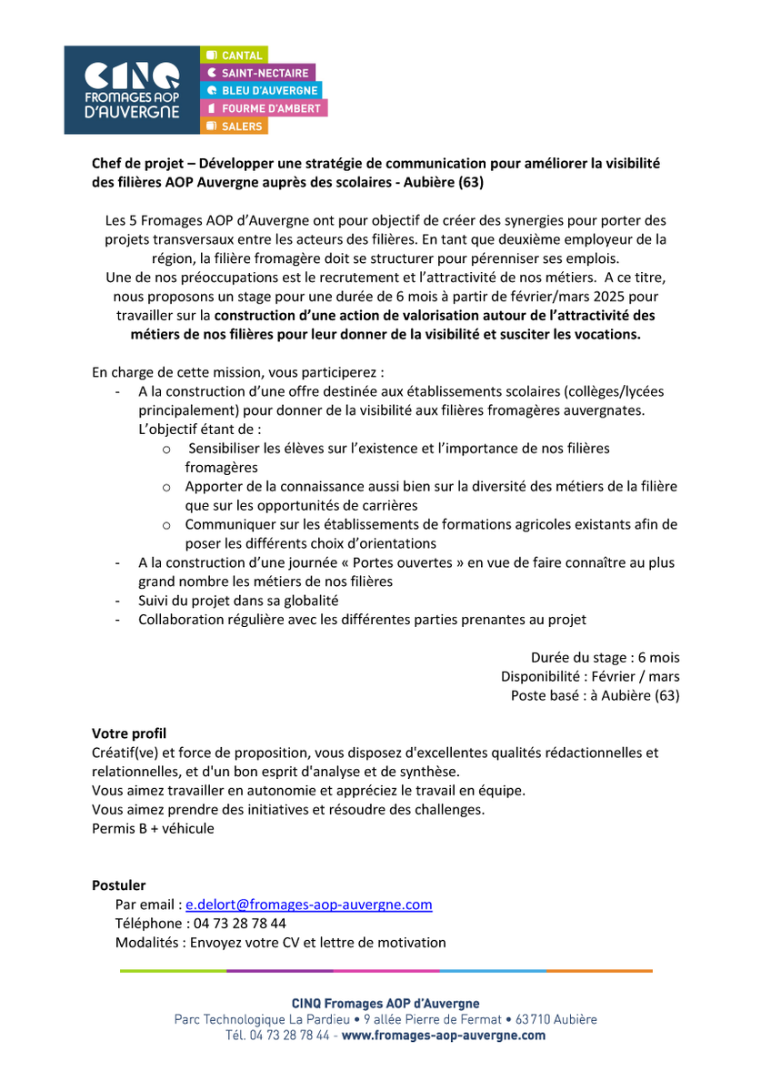 🎓 OFFRE DE STAGE EN AUVERGNE 
On recrute un.e stagiaire Chef de projet pour 6 mois dès février/mars 2025, pour participer au développement d'une stratégie de communication afin d'améliorer la visibilité des filières AOP Auvergne auprès des scolaires.
Le détail 👇