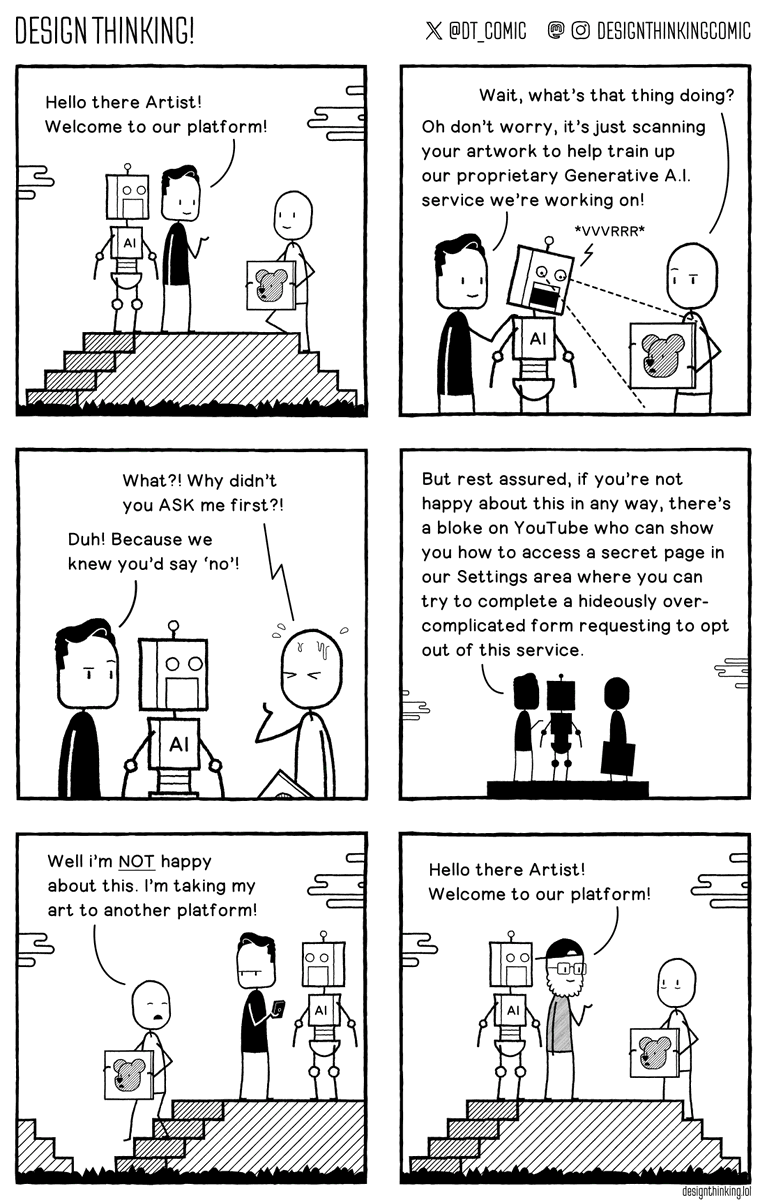 DT_comic's tweet photo. With the UK Government's new disappointing A.I. proposals coming out, this feels like a good time to post this strip about what it feels like trying to post creative stuff anywhere online these days... https://t.co/Erjy4onIkI