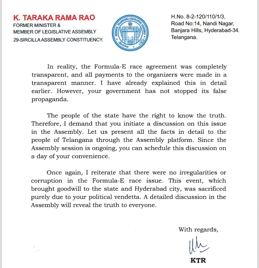 umasudhir's tweet photo. Instead of going on the backfoot, @BRSparty working president @KTRBRS demands discussion in #TelanganaAssembly on #FormulaERacing controversy on which @TelanganaACB expected to file case against #KTR alleging irregularity in ₹55 crore paid by HMDA on oral orders of then minister https://t.co/zKDOkddvDR