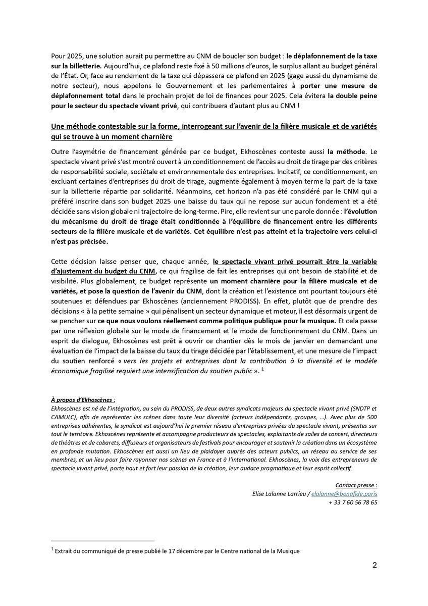 Ekhoscènes (@ekhoscenes) on Twitter photo Lundi soir, Ekhoscènes a décidé de voter contre le budget du <a href="/le_CNM/">Centre national de la musique</a>.
Inédit, ce vote de rejet était nécessaire.
Notre réaction complète à retrouver dans notre communiqué de presse 👉 tinyurl.com/bdfhrycv Lundi soir, Ekhoscènes a décidé de voter contre le budget du <a href="/le_CNM/">Centre national de la musique</a>.
Inédit, ce vote de rejet était nécessaire.
Notre réaction complète à retrouver dans notre communiqué de presse 👉 tinyurl.com/bdfhrycv