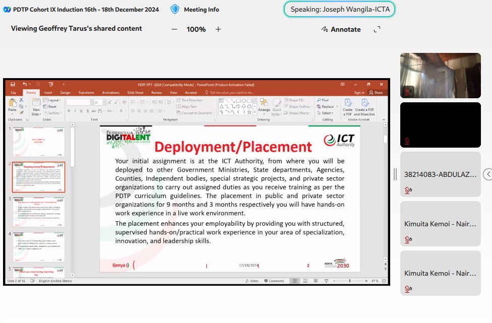 W4W1R3's tweet photo. Live: Mr. Tarus Geoffrey from the PDTP Secretariat is diving into supervisory guidelines for the internship process and best practices. 📋✨
#PDTPCohortIX @ICTAuthorityKE @DigiTalentKenya @MoICTKenya @ZilpherO @KamanguyaS @tanuijohn https://t.co/CG0Cq3ZAF5