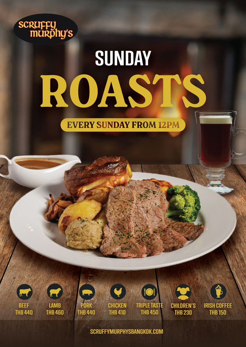 Make your Sunday special at Scruffy Murphy’s!
From 12 noon, enjoy a traditional Sunday Roast with your choice of beef, lamb, pork, or chicken, each served with classic sides to make your meal complete.

☕ Pair it with an Irish Coffee for THB 150 and make it a Sunday to remember!