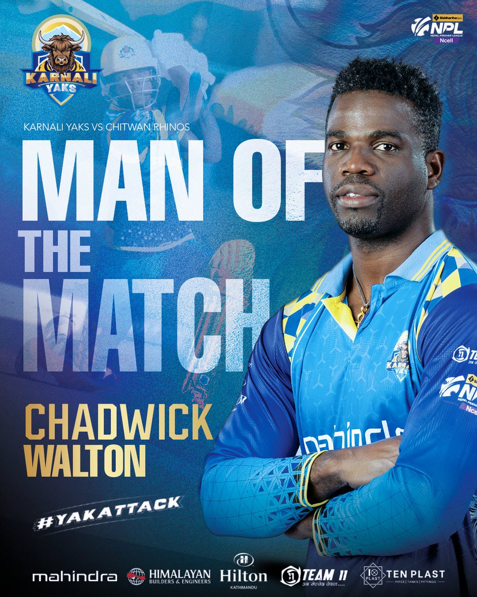KarnaliYaks's tweet photo. Chadwick Walton delivers a solid knock of 46 runs off 23 balls, leading Karnali Yaks to a dominant performance! π₯π A well-deserved Man of the Match award! π
#YakAttack #karnaliyaks #SBLNPL #NepalCricket #Mahindra #agnigroup #karnaliyakssquad #team11 #tenplast #hiltonkathmandu https://t.co/kVB9N0H0O4