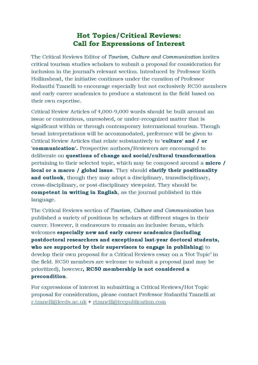 Please circulate widely. RC50 members are particularly welcome to send their proposal to TCC, but the Critical Reviews Editor will consider all high quality proposals by non-RC50 members.