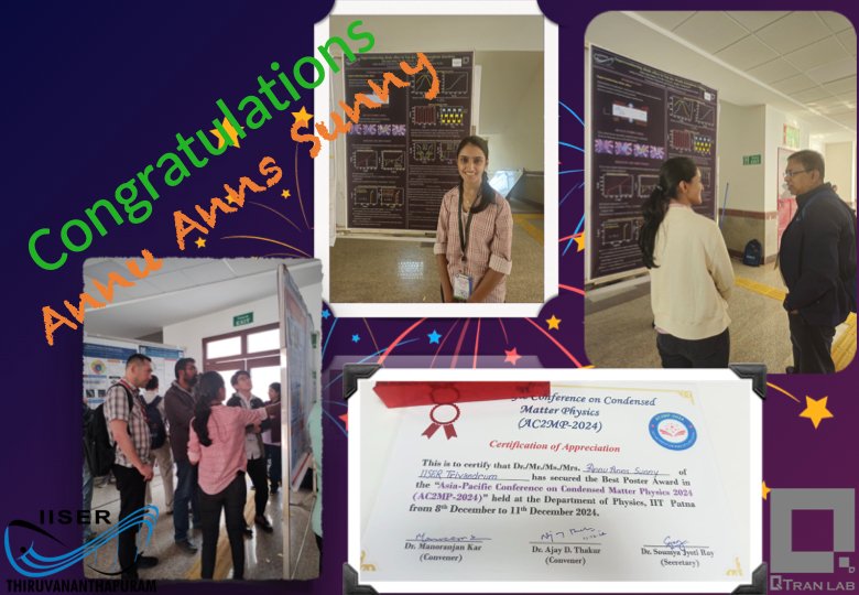 Qtran Lab (@qtranlab) on Twitter photo Congratulations to <a href="/AnnuAnns/">annu anns sunny</a> for receiving the Best Poster Award at the Asia Pacific Conference on Condensed Matter Physics 2024, held at the Department of Physics, IIT Patna. She showcased her outstanding work on Superconducting Diode Effect in Van der Waals Josephson Junction. Congratulations to <a href="/AnnuAnns/">annu anns sunny</a> for receiving the Best Poster Award at the Asia Pacific Conference on Condensed Matter Physics 2024, held at the Department of Physics, IIT Patna. She showcased her outstanding work on Superconducting Diode Effect in Van der Waals Josephson Junction.