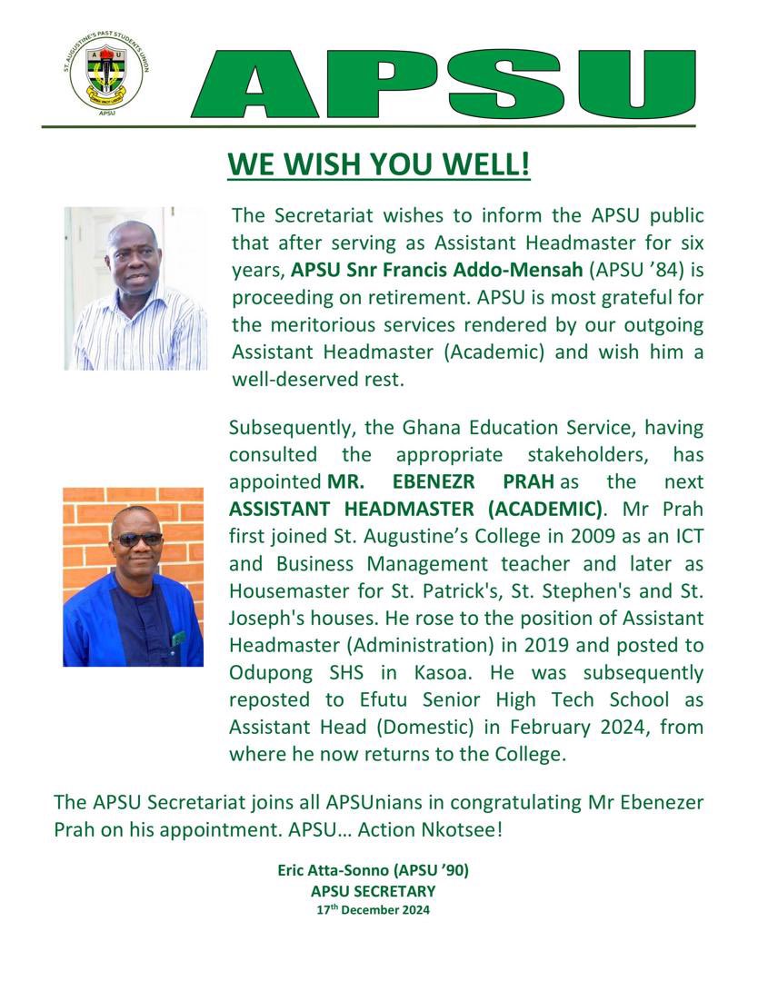 Mr. Ebenezer Prah is the next Assistant Headmaster [Academic]. 

#insideAUGUSCO