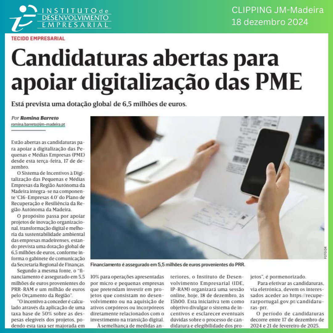 💻 Candidaturas abertas para apoiar a digitalização das PME

Está prevista uma dotação global de 6,5 milhões de euros. 💶✨

🌐 Mais info: ide.madeira.gov.pt