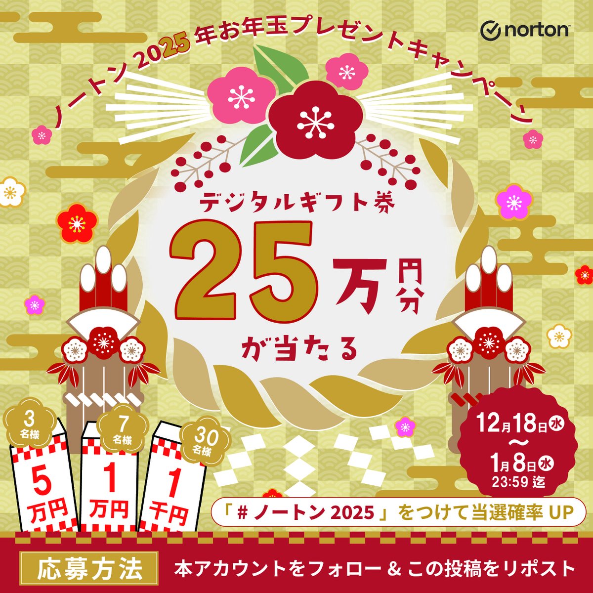 🎁ノートン2025年お年玉キャンペーン🎁

抽選で40名様へ総額25万円分のデジタルギフト券プレゼント！

【応募方法】
1️⃣本アカウントをフォロー
2️⃣この投稿をリポスト

さらに「#ノートン2025」をつけて当選確率UP！

⏰1月8日(水)23:59迄
当選のご連絡は1月9日からDMにてご連絡いたします。