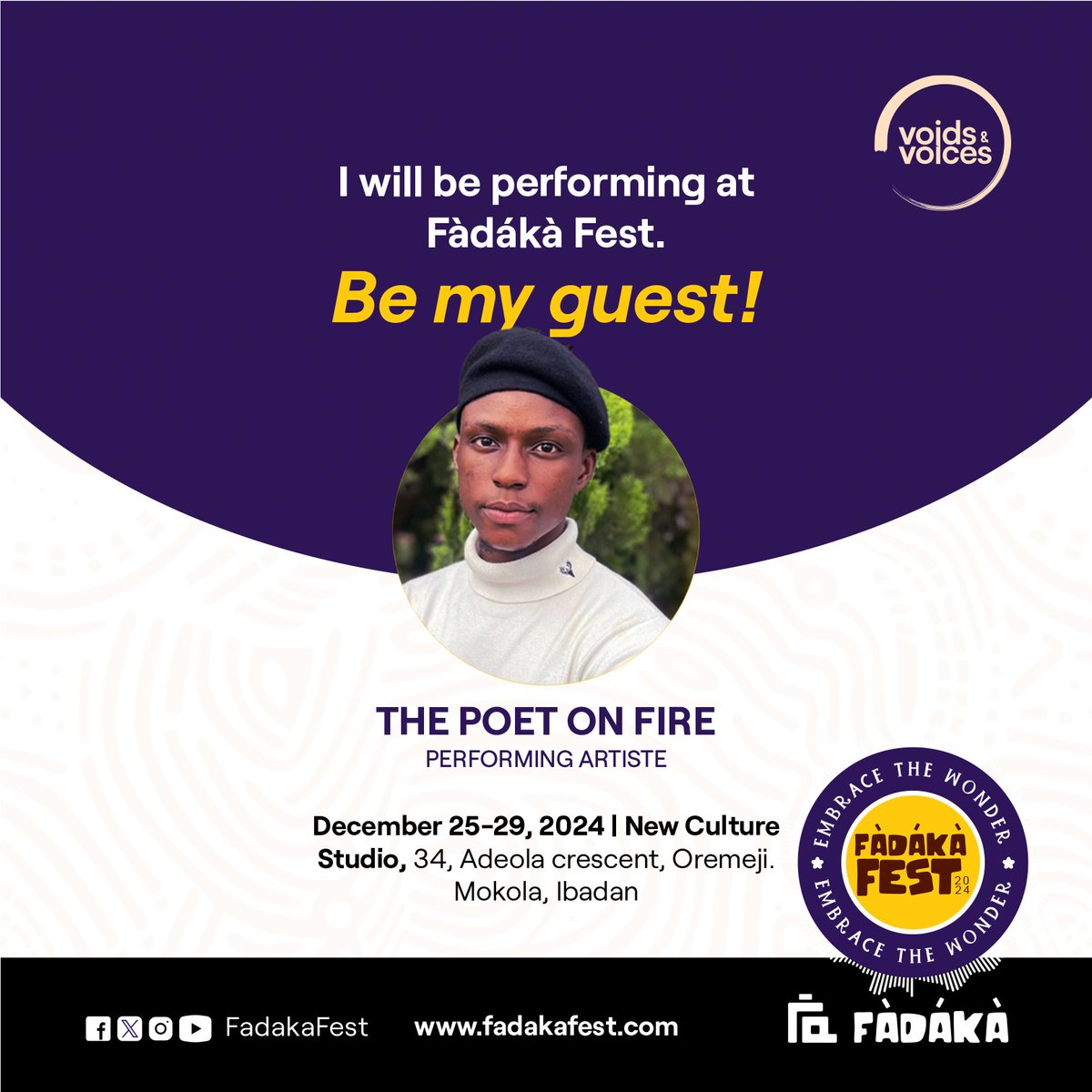 Avalanche by <a href="/voidsandvoices/">Voids & Voices</a> is an immersive lyrical affair happening at Fàdákà Fest next week Friday.

Come experience talents like <a href="/SpokenwordsbyA4/">Bespokewordss</a> , <a href="/TheWindyTrail/">The Wind</a>, <a href="/AhmeedEtti/">AHMEED ETTI-BALOGUN | POET</a>, and the epic <a href="/savvybolu/">savvyNOTsavage</a> who will be our host 😍😍.

Get your tickets: paystack.com/buy/avalanche